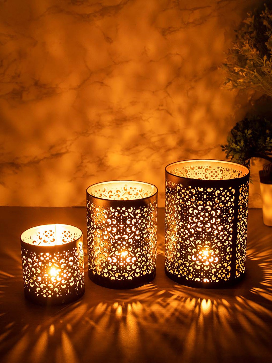 

MARKET99 Set of 3 Black & Copper-Toned Textured Metal Candle Holders