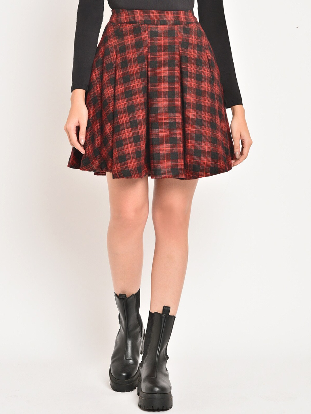 

Martini Women Red & Black Checked Box Pleated Wool Mini Skirt