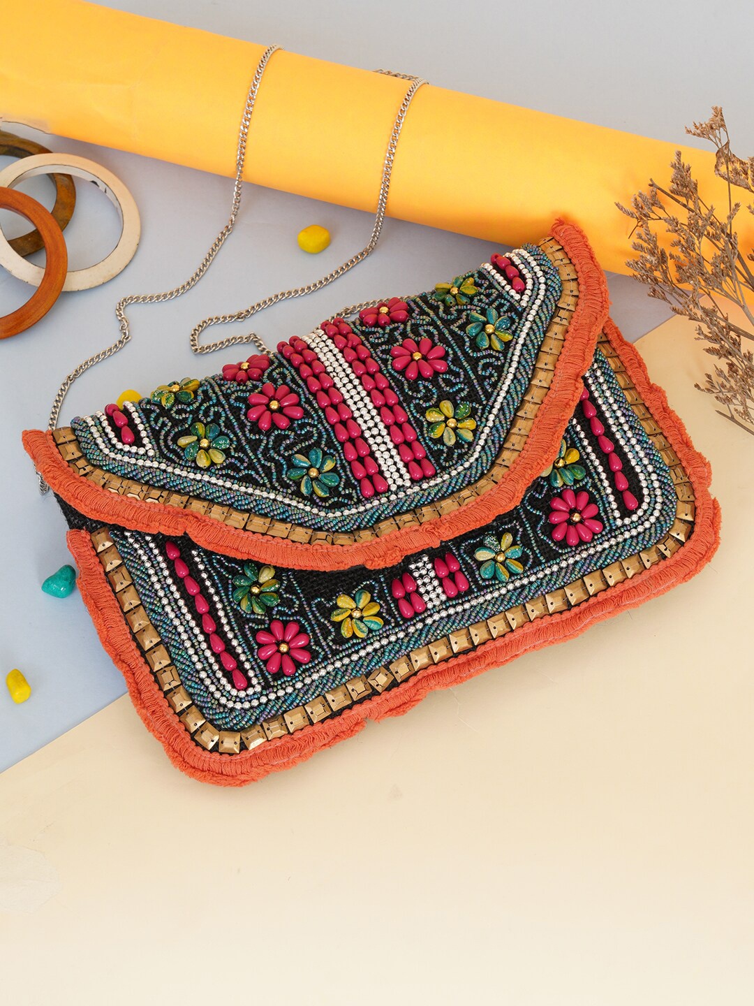 

FABBHUE Women Orange & Pink Embellished Embellished Envelope Clutch