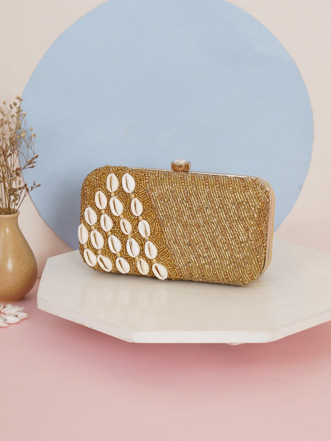 

FABBHUE Gold-Toned & Off White Embellished Box Clutch