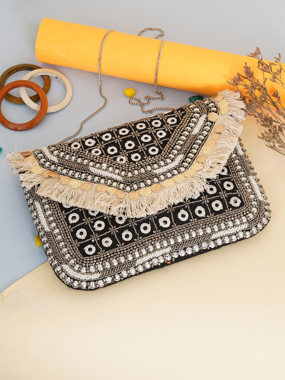 

FABBHUE Women Black & Cream-Coloured Embellished Envelope Clutch