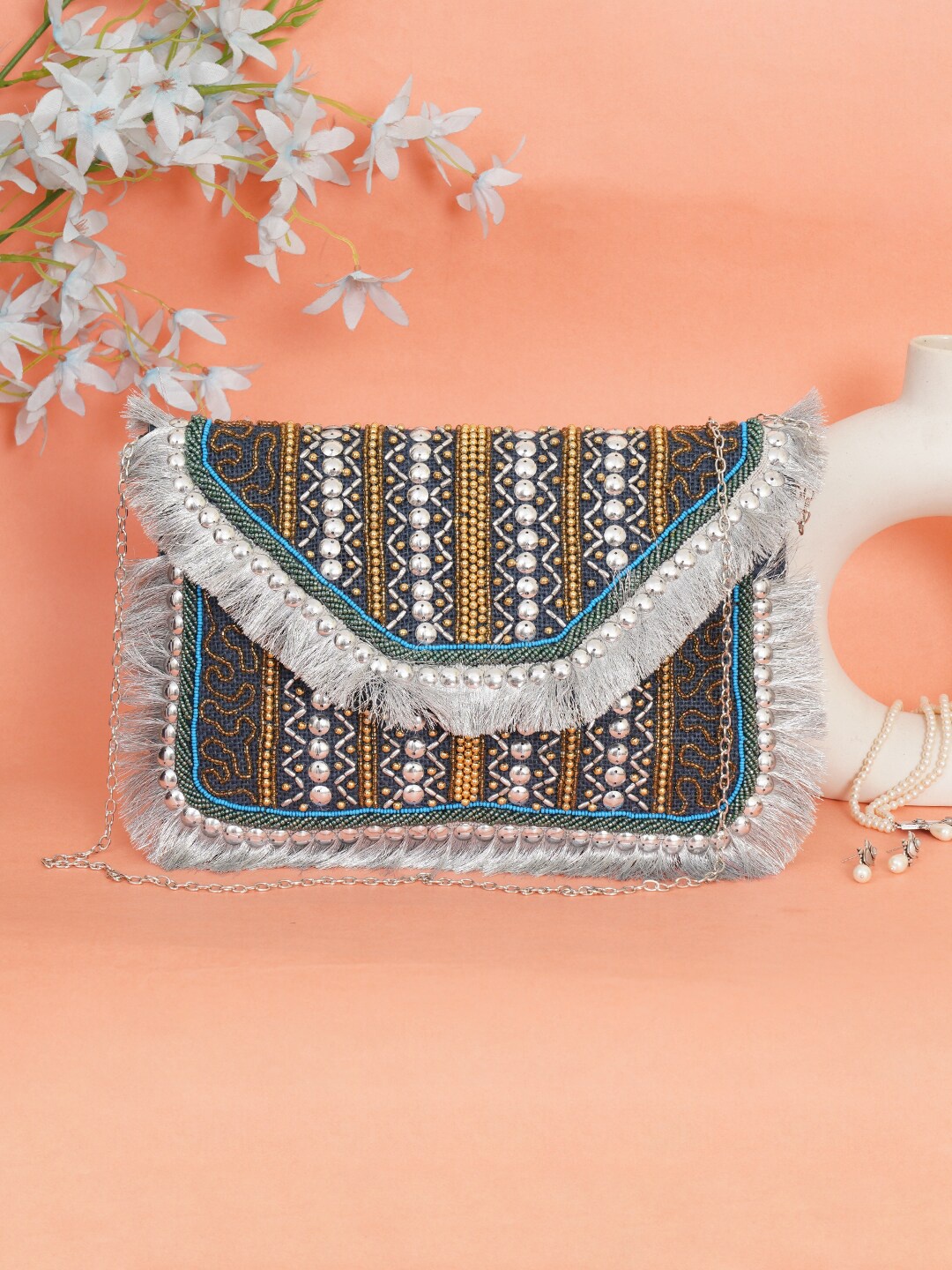 

FABBHUE Grey & Gold-Toned Embroidered Foldover Clutch