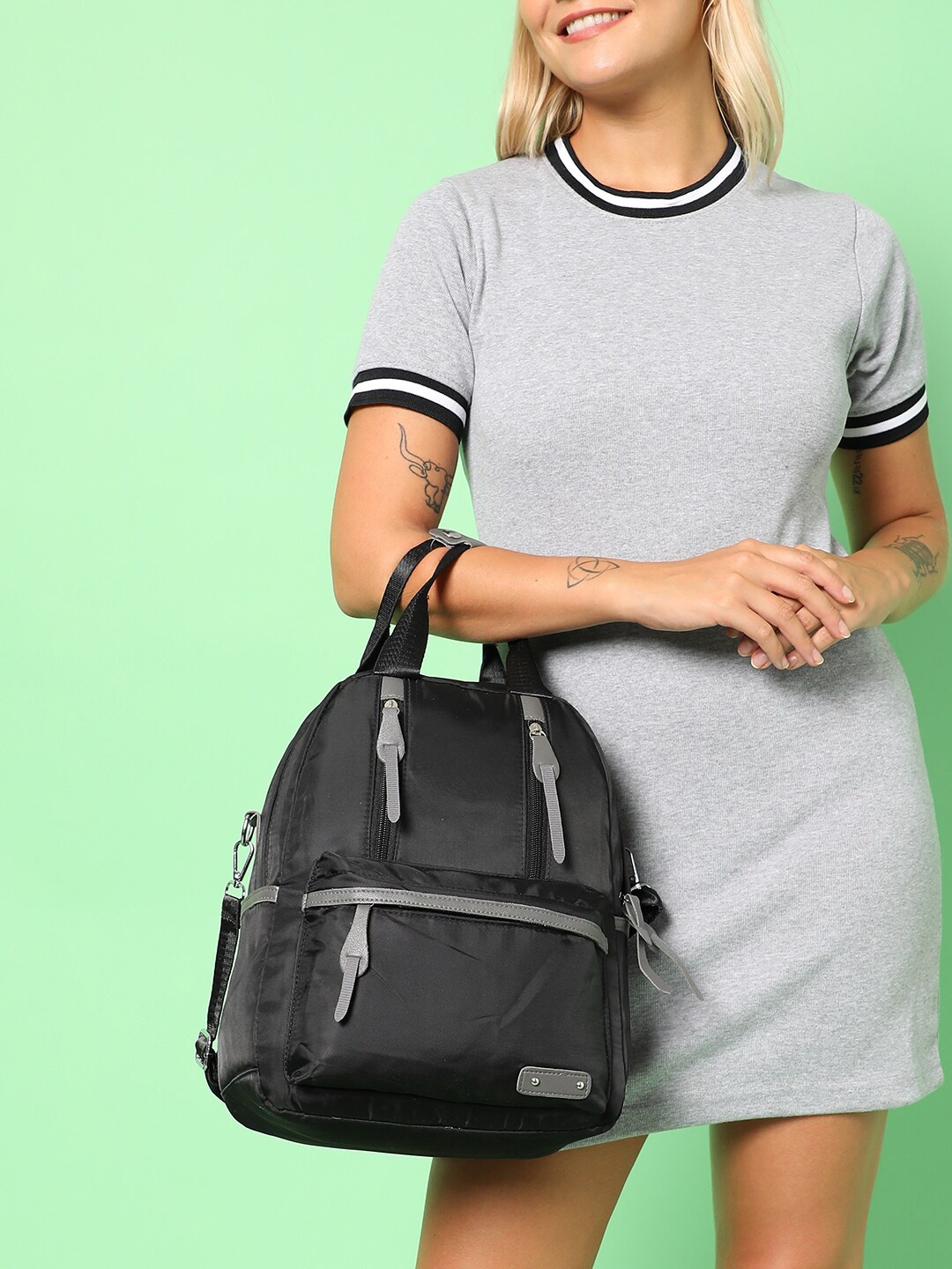 

HAUTE SAUCE by Campus Sutra Women Black & Grey Solid Backpack