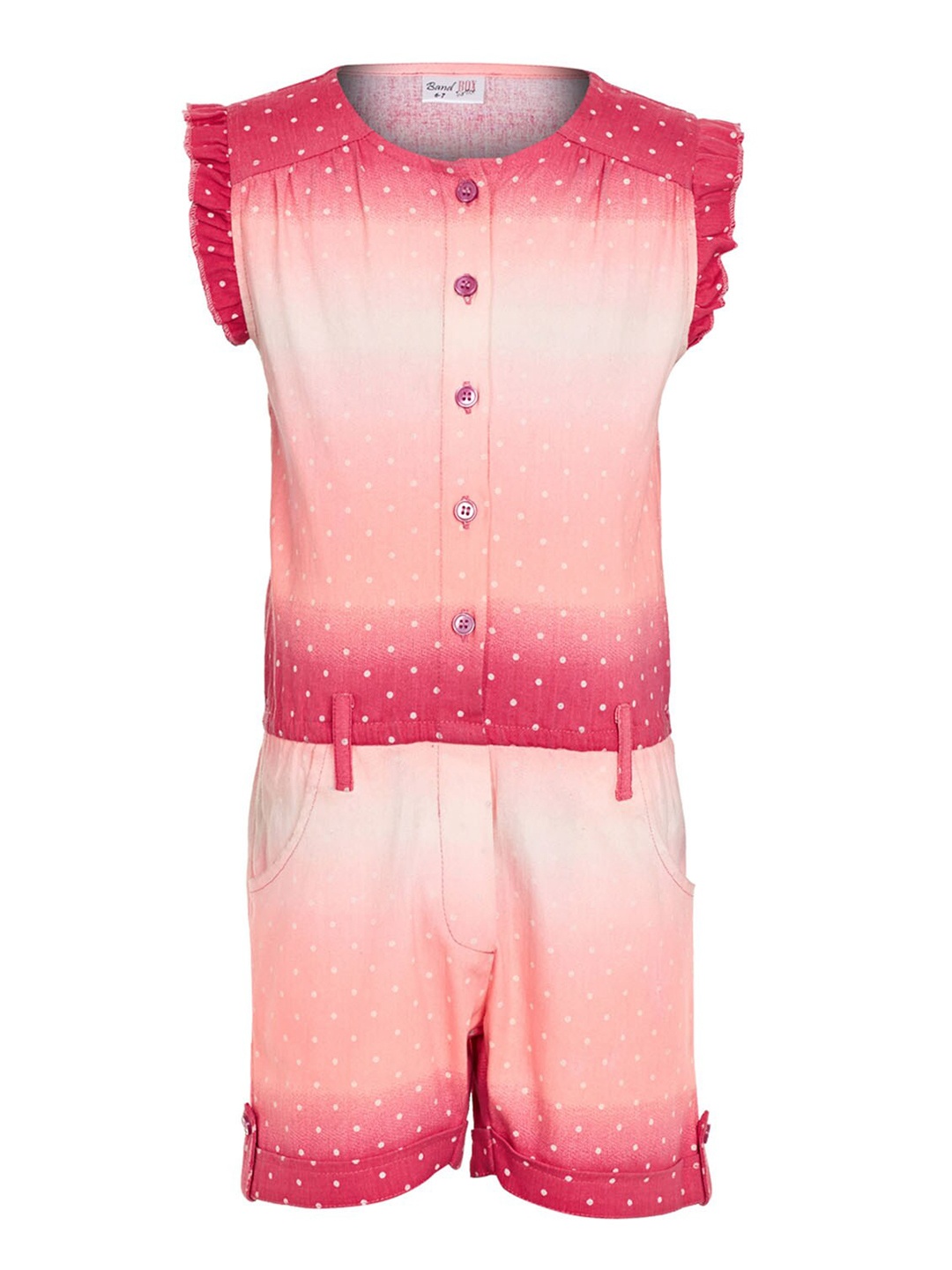 

BandBox Girls Pink & Peach Polka Dots Printed Cotton Playsuit