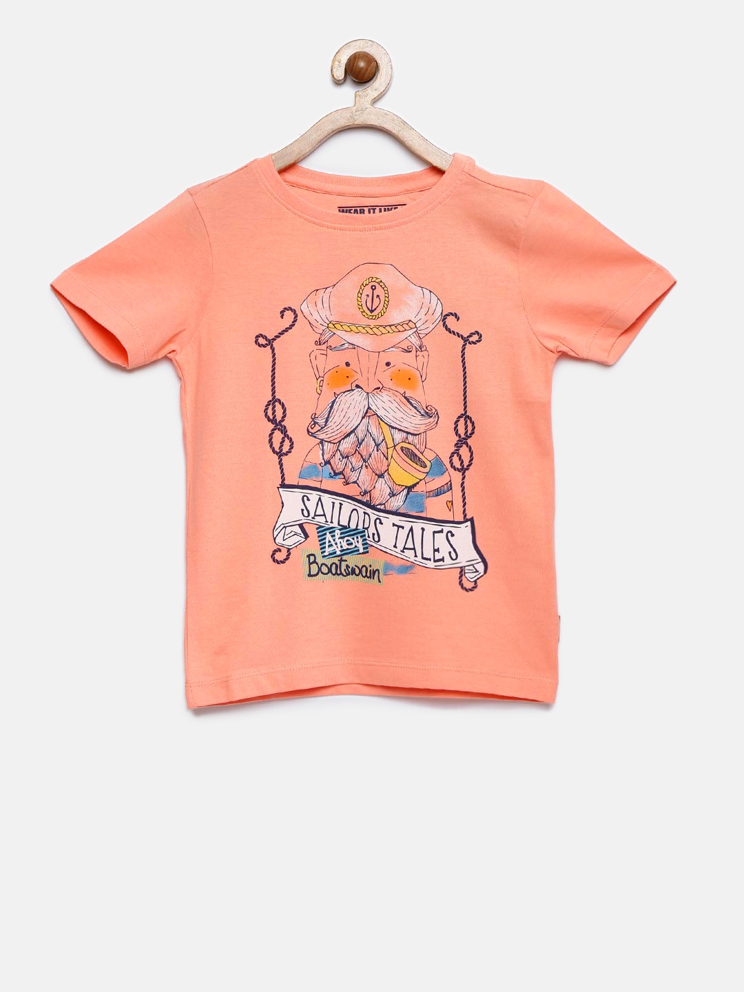 

Flying Machine Boys Coral Pink Printed Round Neck T-shirt