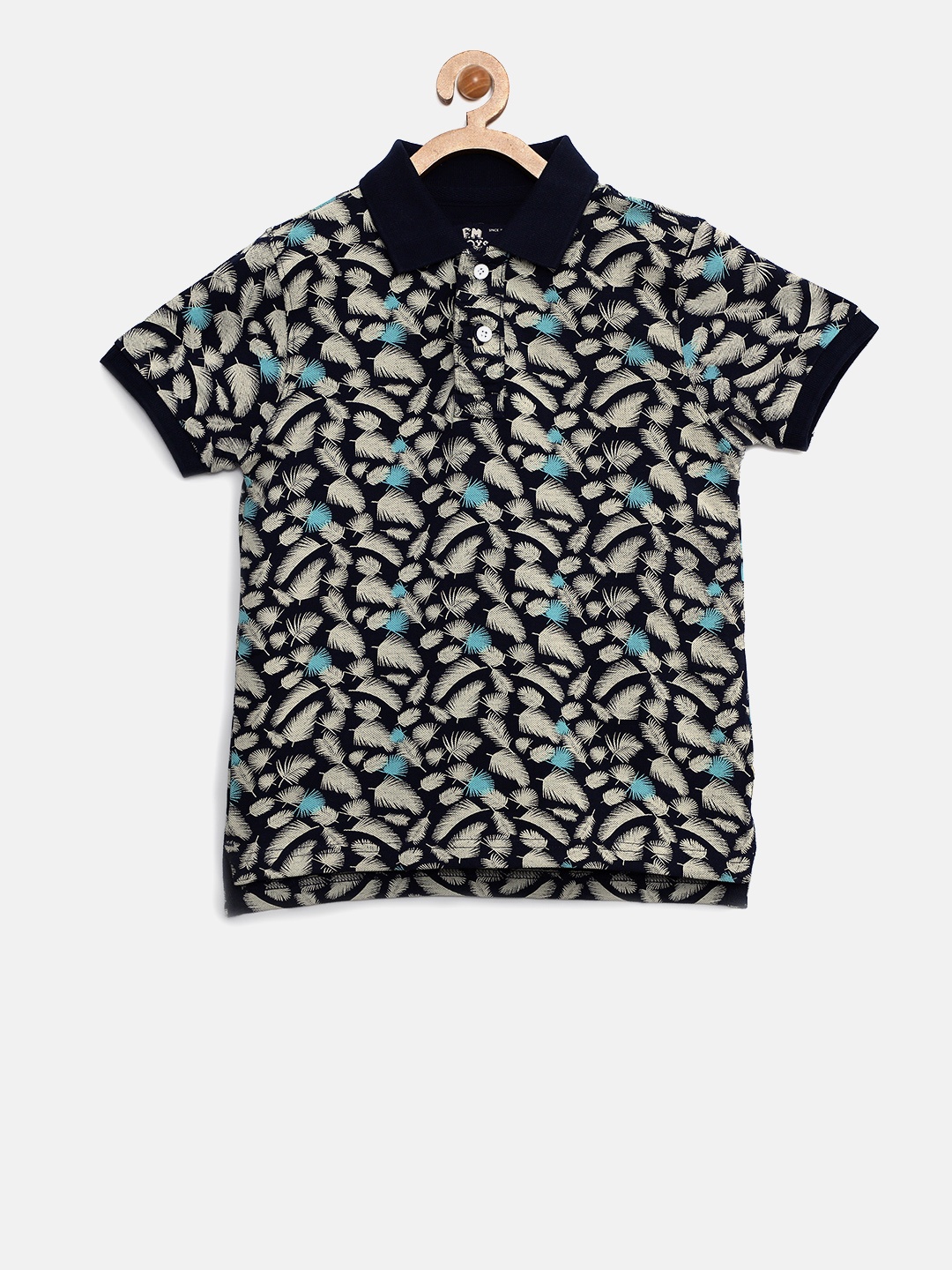 

Flying Machine Boys Navy Blue & Cream-Coloured Printed Polo T-shirt
