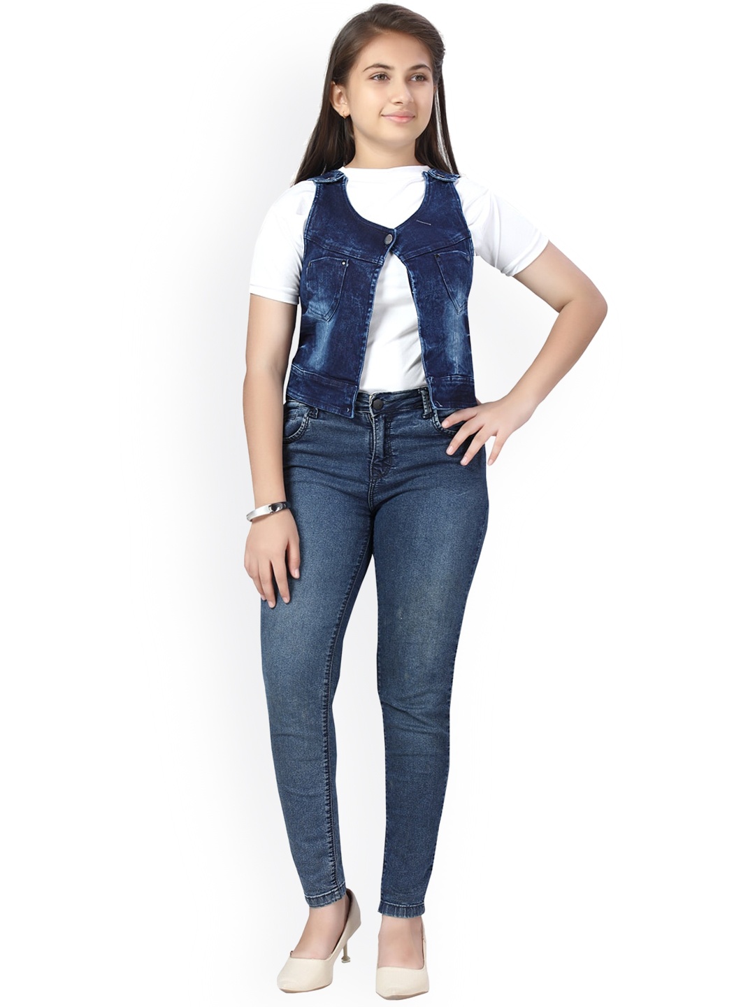 

Aarika Girls Blue Crop Cotton Open Front Jacket