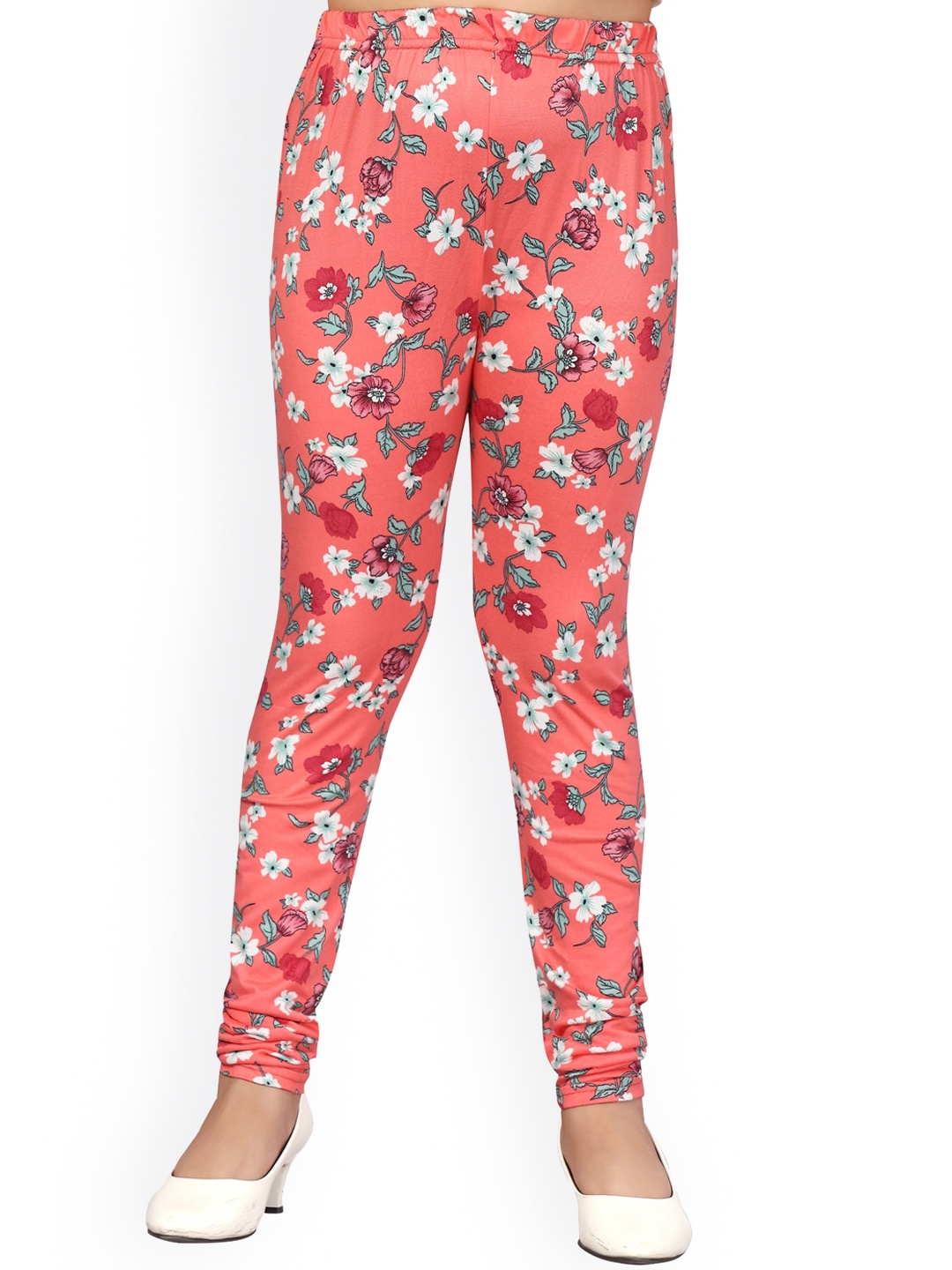 

Aarika Peach Floral Printed Churidar-Length Cotton Leggings