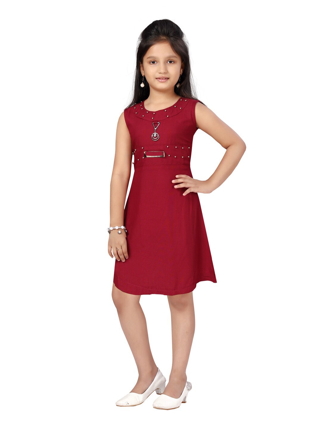 

Aarika Burgundy Embellished Sleeveless Cotton A-Line Dress