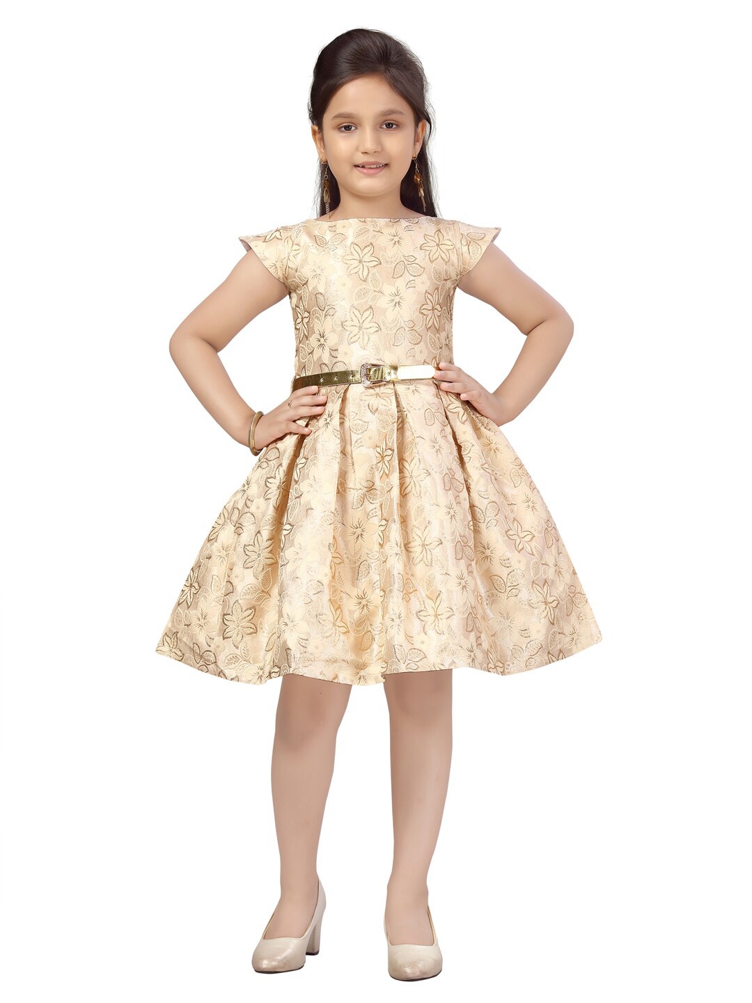 

Aarika Beige Self Design Belted Cap Sleeves Fit & Flare Silk Dress