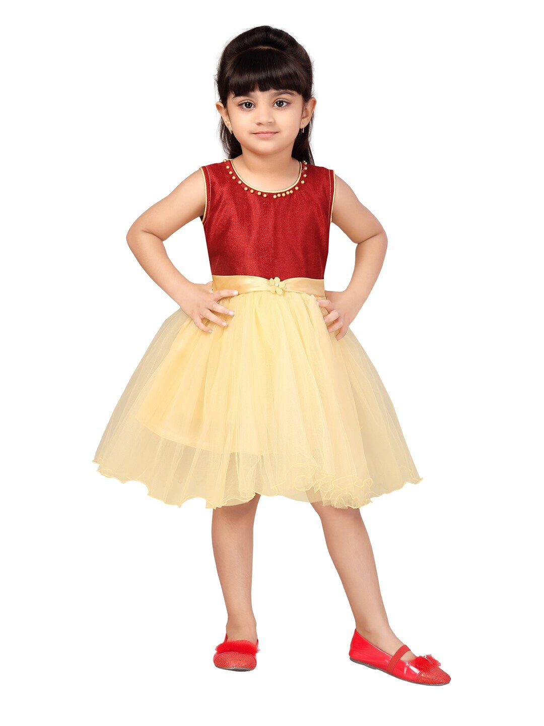 

Aarika Maroon & Beige Belted Net Fit & Flare Dress