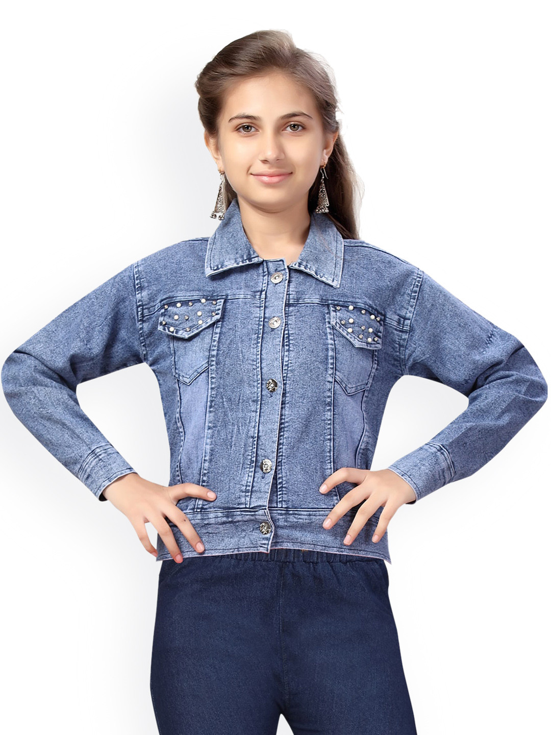 

Aarika Girls Blue Washed Cotton Crop Denim Jacket
