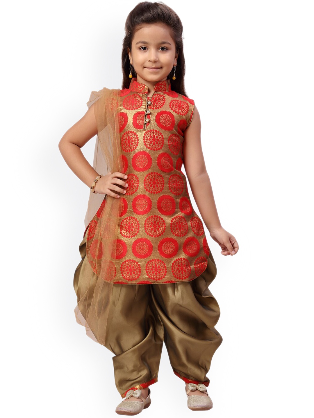 

Aarika Girls Red Woven Design Kurta with Patiala & Dupatta