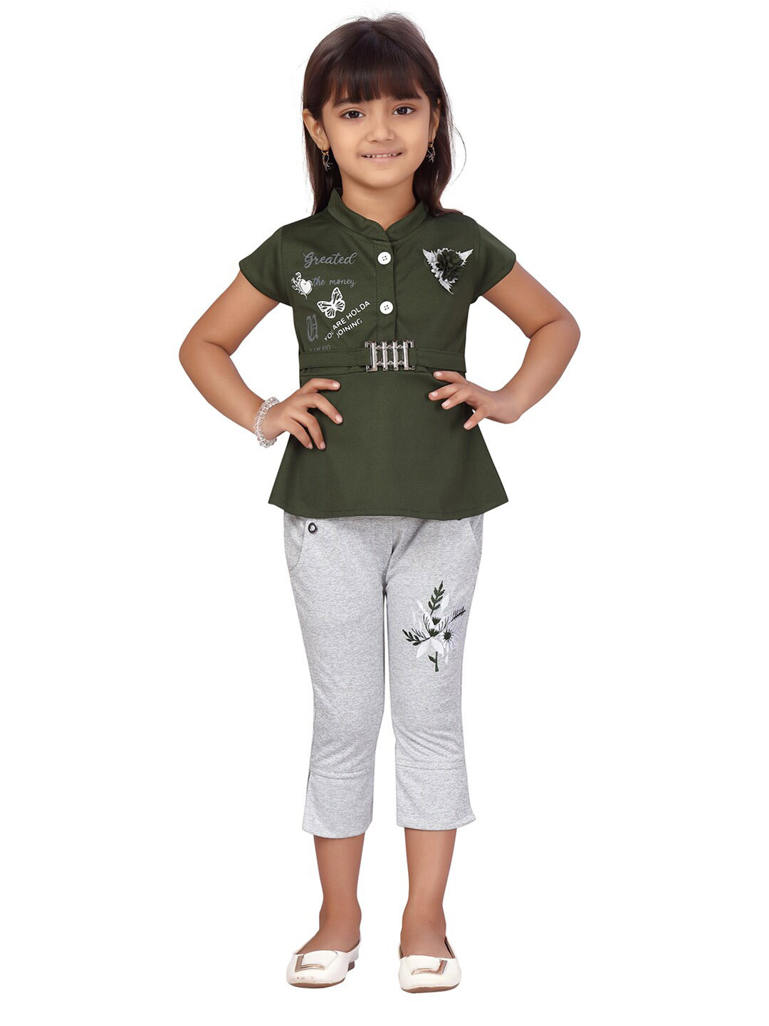 

Aarika Girls Green & Grey Printed Top with Capris