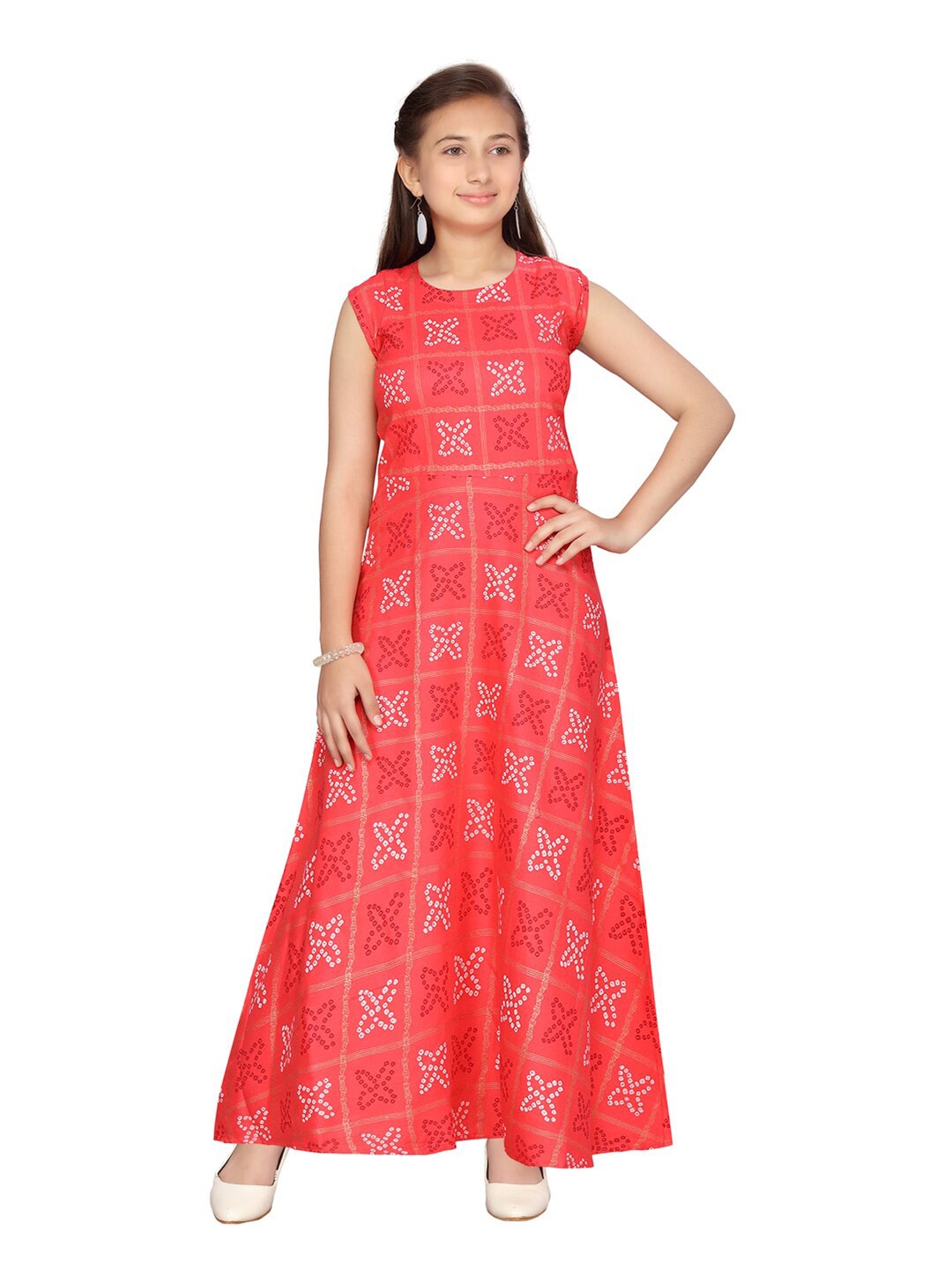 

Aarika Girls Red & Off White Ethnic Motifs Printed A-Line Maxi Cotton Dress