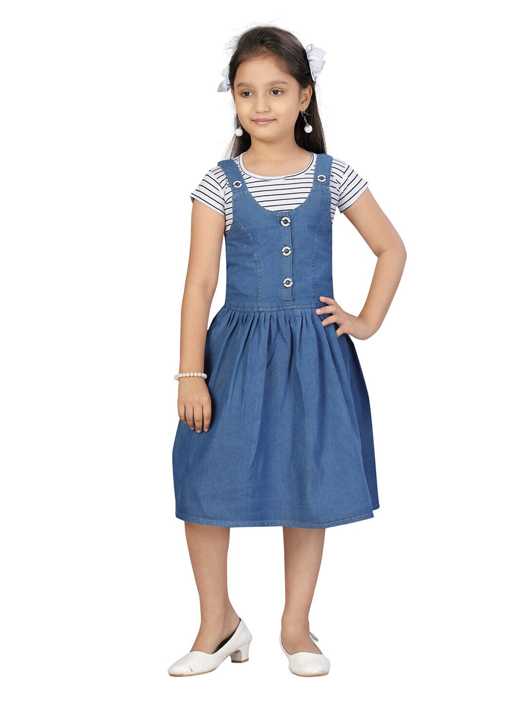 

Aarika Girls White & Blue Cotton Denim Pinafore Dress