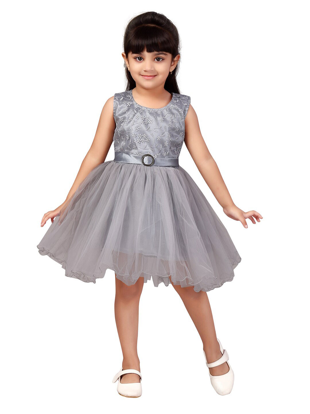 

Aarika Girls Grey Floral Embroidered Net Fit & Flare Dress