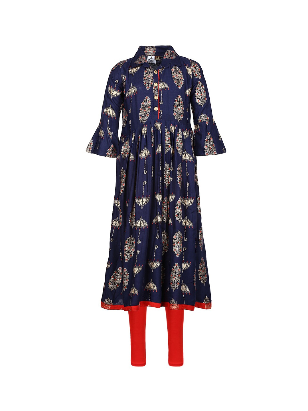 

Aarika Girls Navy Blue Ethnic Printed Pleated Pure Cotton Kurta