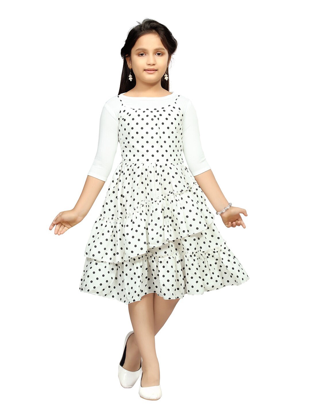 

Aarika Girls White & Black Polka Dots Printed Layered Dress