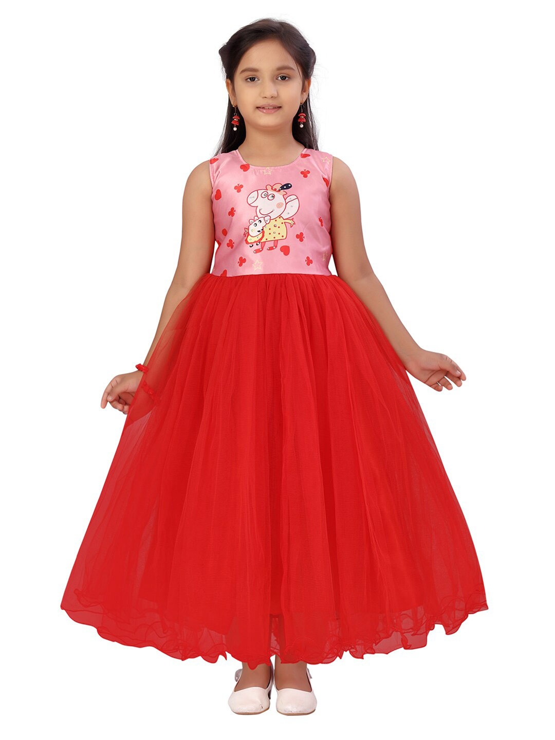 

Aarika Girls Red & Pink Printed Net Fit & Flare Maxi Dress