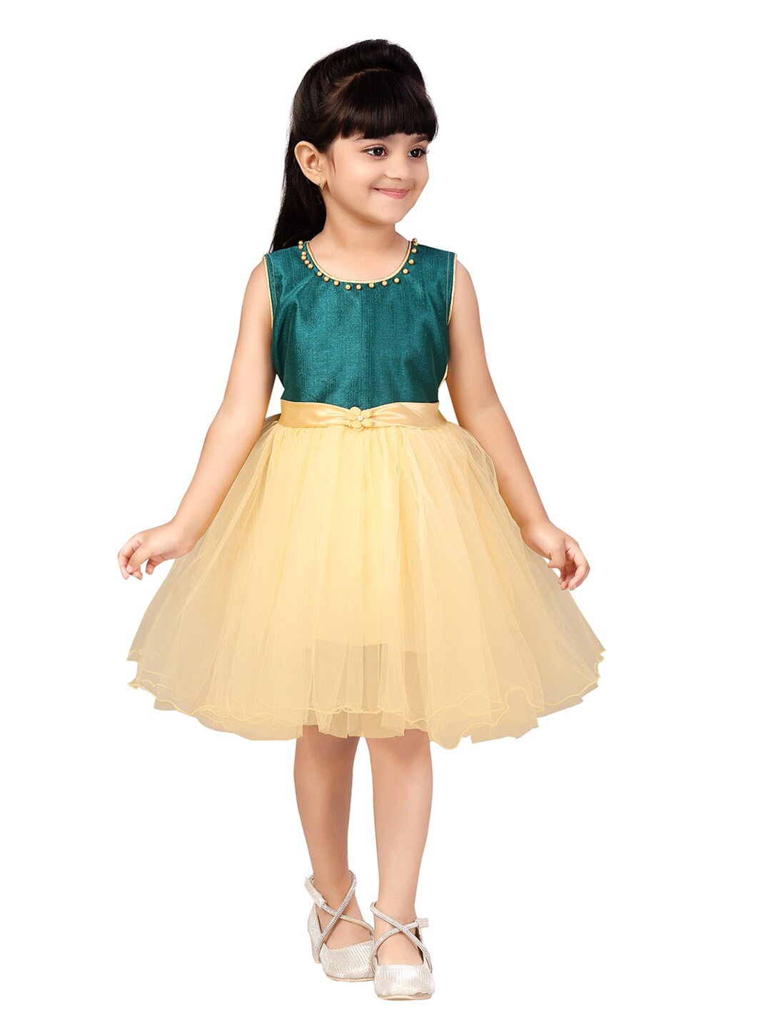 

Aarika Girls Green & Cream-Coloured Fit & Flare Net Dress