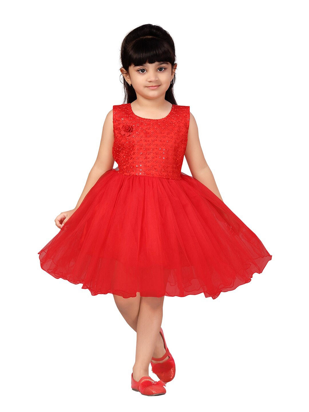 

Aarika Girls Red Embellished Net Fit & Flare Dress