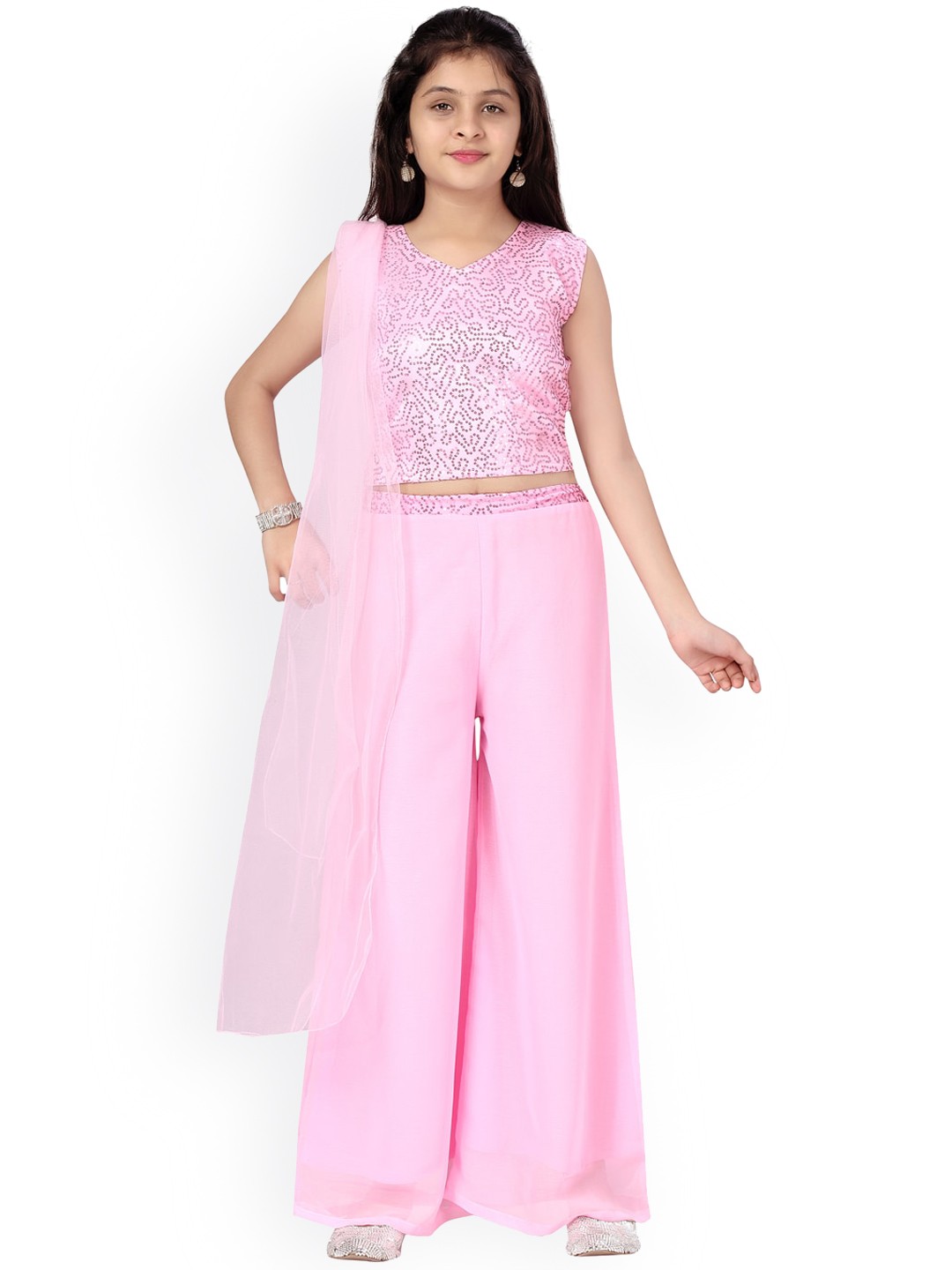 

Aarika Girls Pink Sequinned Top with Palazzos & Dupatta
