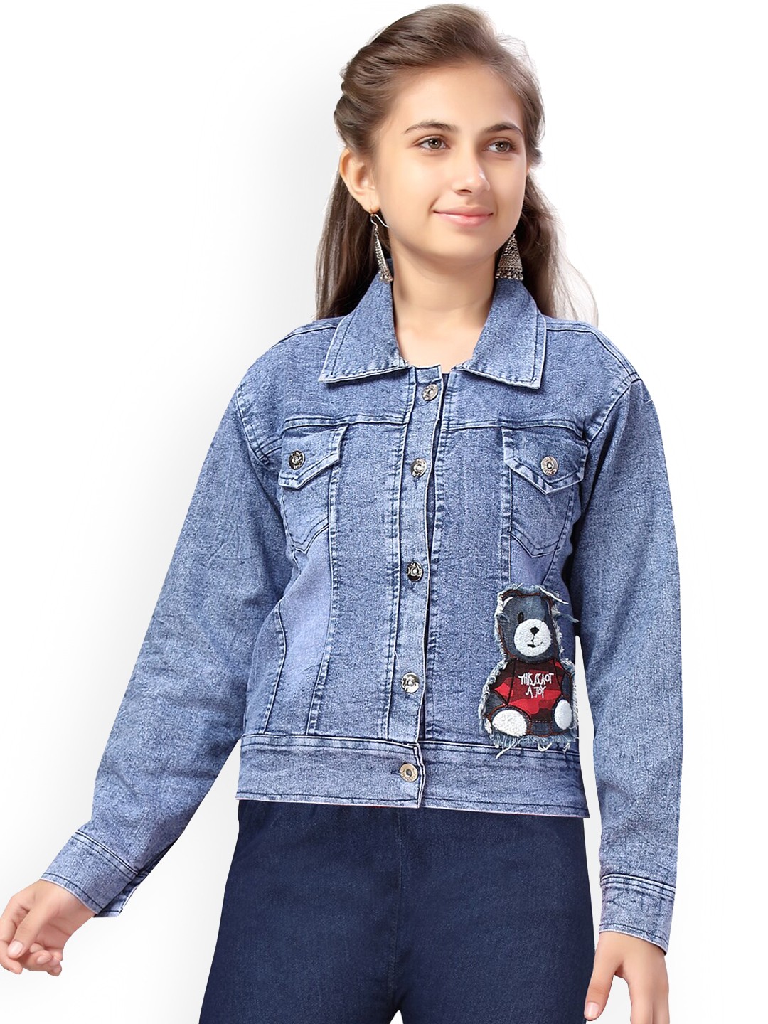 

Aarika Girls Blue Washed Crop Cotton Denim Jacket with Patchwork