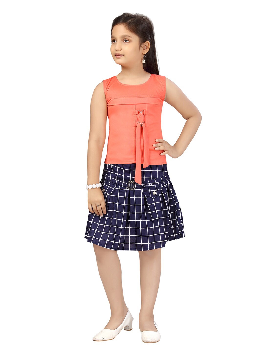 

Aarika Girls Peach-Coloured & Navy Blue Top with Skirt