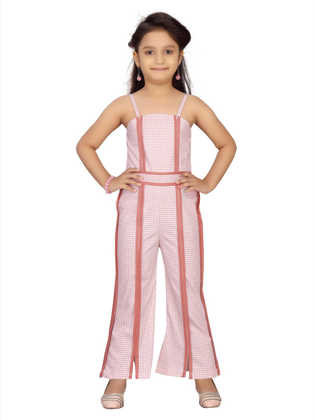 

Aarika Girls Peach-Coloured & White Checked Basic Jumpsuit