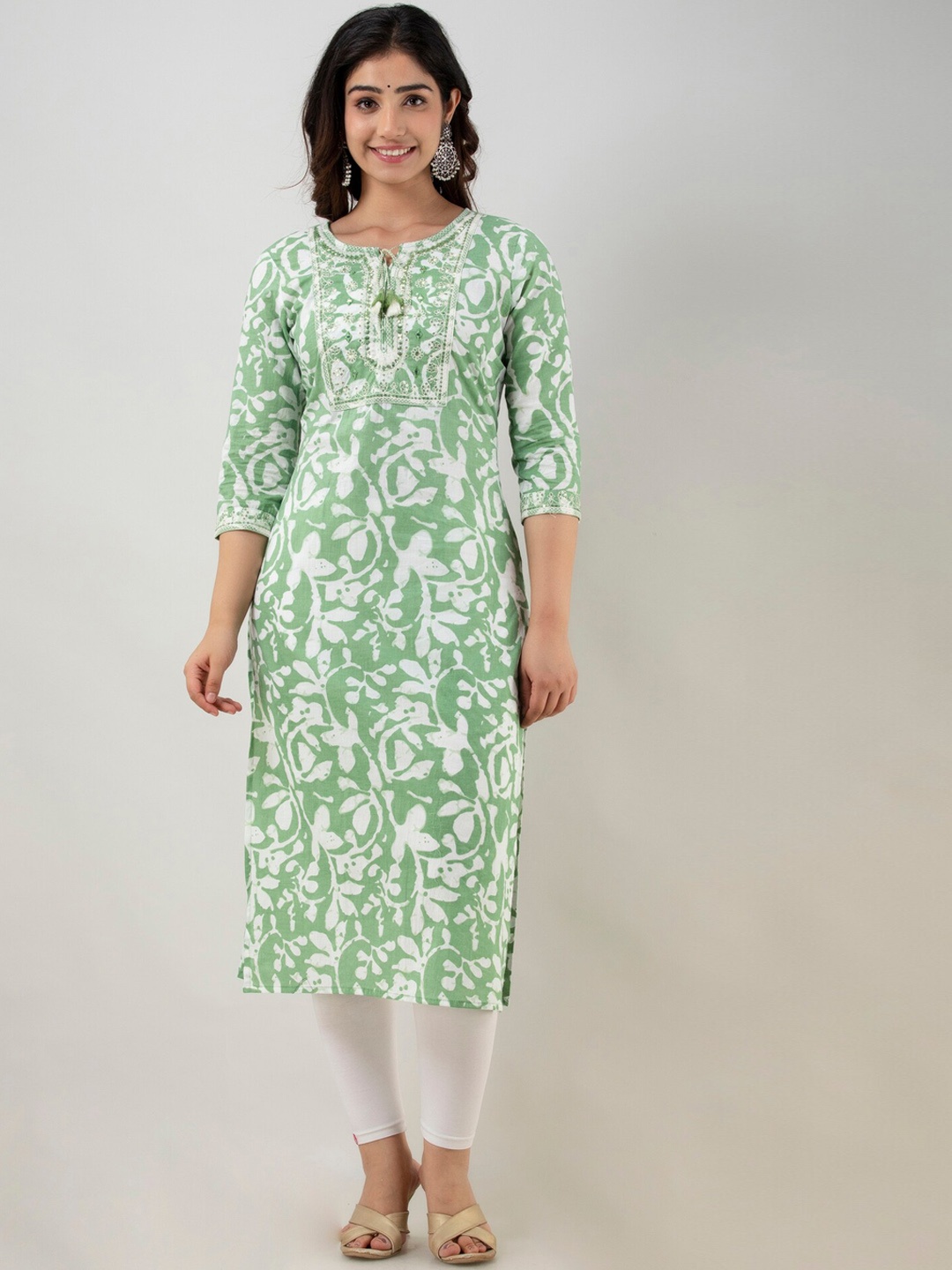 

FASHION DEPTH Floral Printed Cotton Kurta, Green