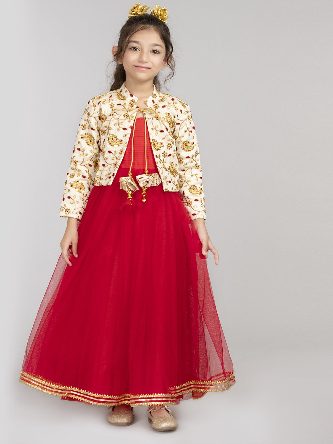 

BYB PREMIUM Girls Red & Cream-Coloured Net Maxi Dress With Coat