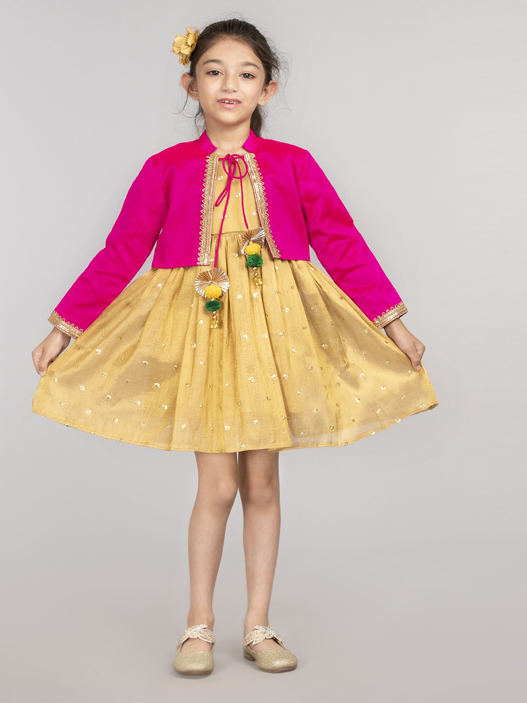 

BYB PREMIUM Gold-Toned & Pink Ethnic Motifs Tie-Up Neck Dress