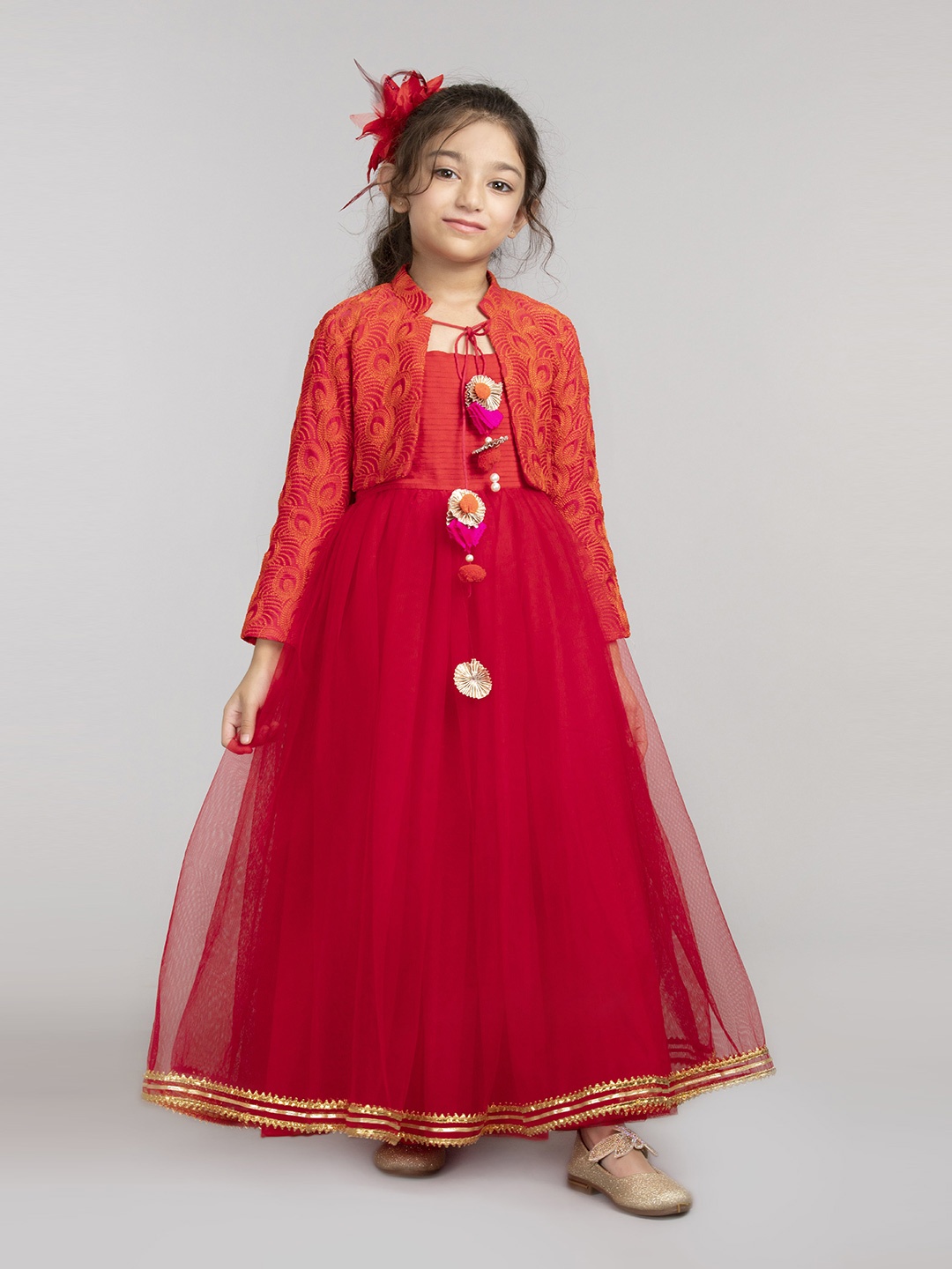 

BYB PREMIUM Red Tie-Up Neck Net Maxi Dress