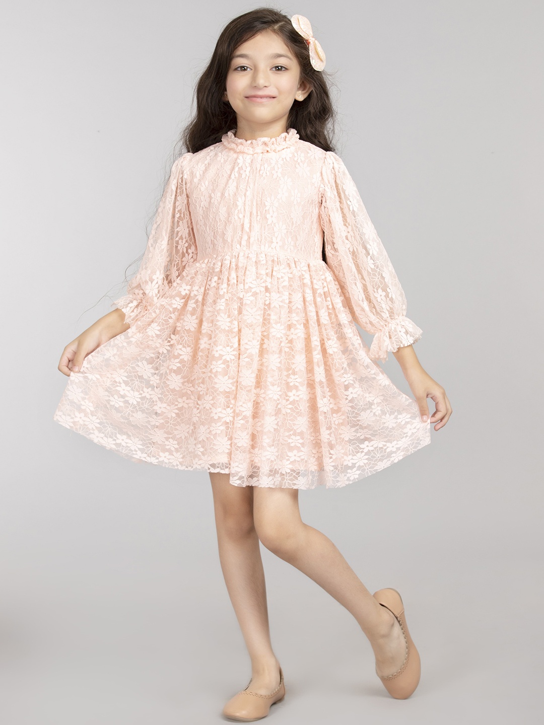 

BYB PREMIUM Peach Lace Self Design Puff Sleeves Fit & Flare Dress