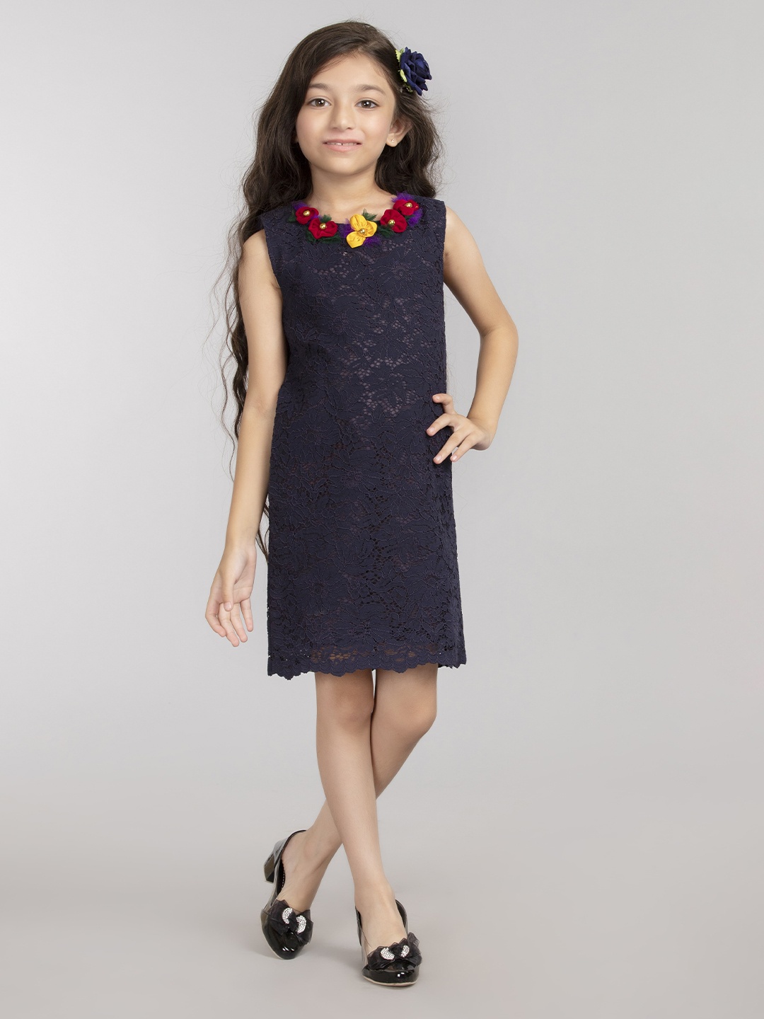 

BYB PREMIUM Navy Blue Lace Sheath Cotton Dress