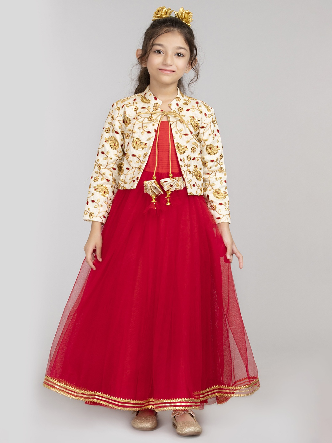 

BYB PREMIUM Red & Cream-Coloured Ethnic Motifs Tie-Up Neck Net Maxi Pack Of 2 Dress