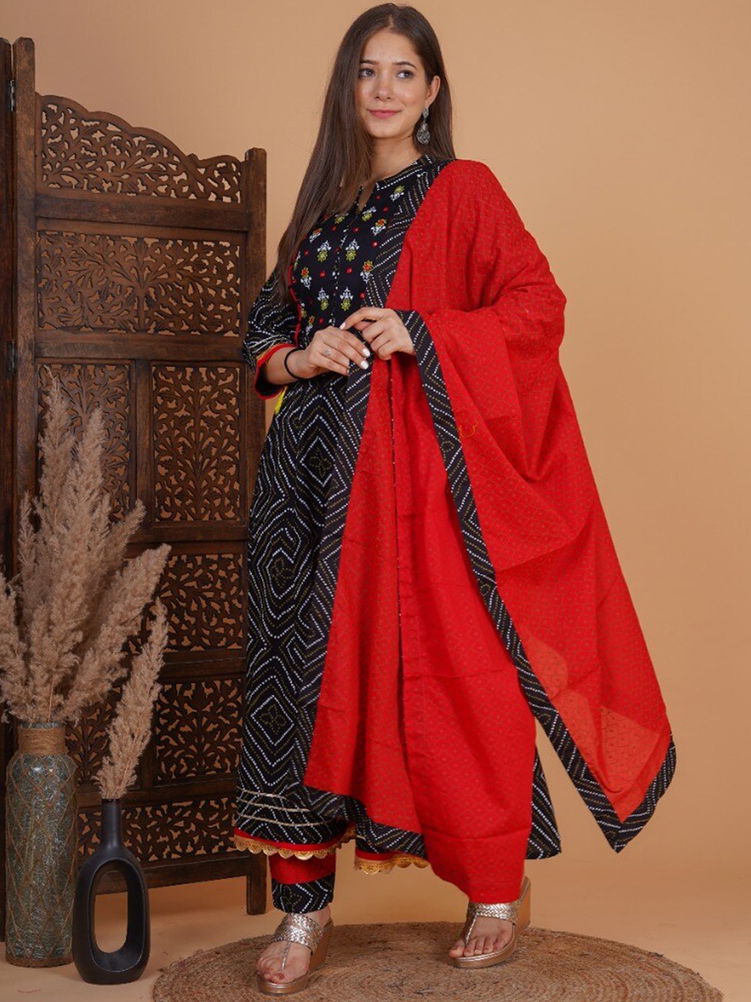 

misbis Black Ethnic Motifs Printed Mirror Work Kurta with Trousers & With Dupatta