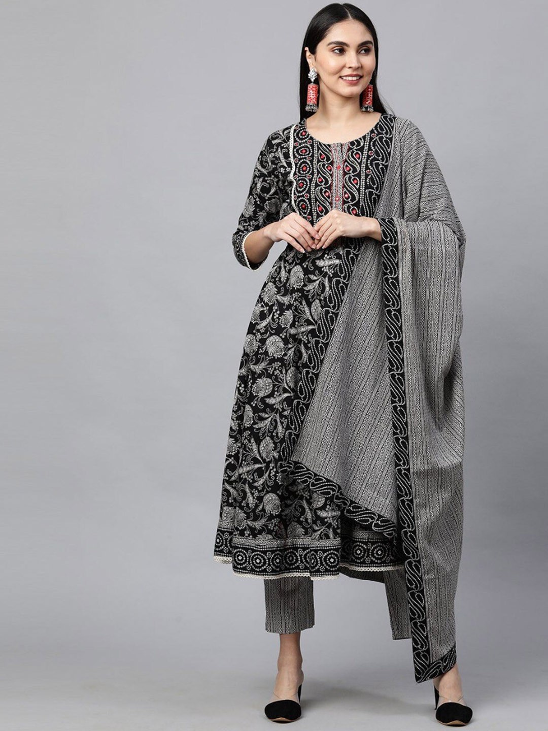 

misbis Black Printed Mirror Work Kurta with Trousers & With Dupatta