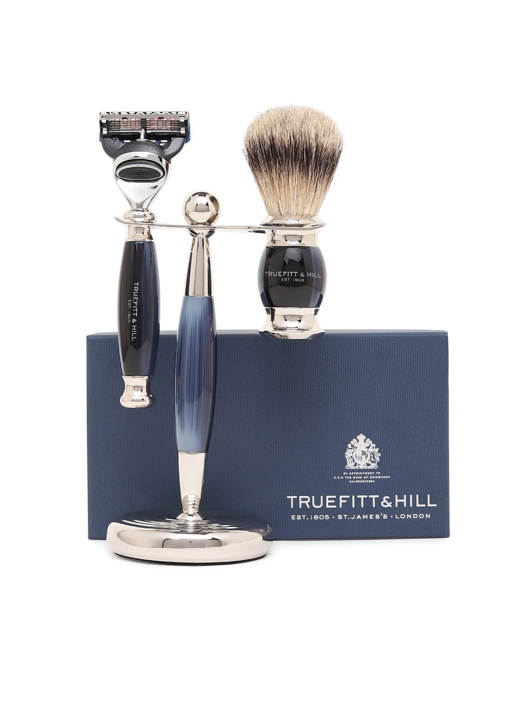 

TRUEFITT & HILL Men Opal Edwardian Collection Fusion 3-Pcs Brush With Razor & Stand, Blue