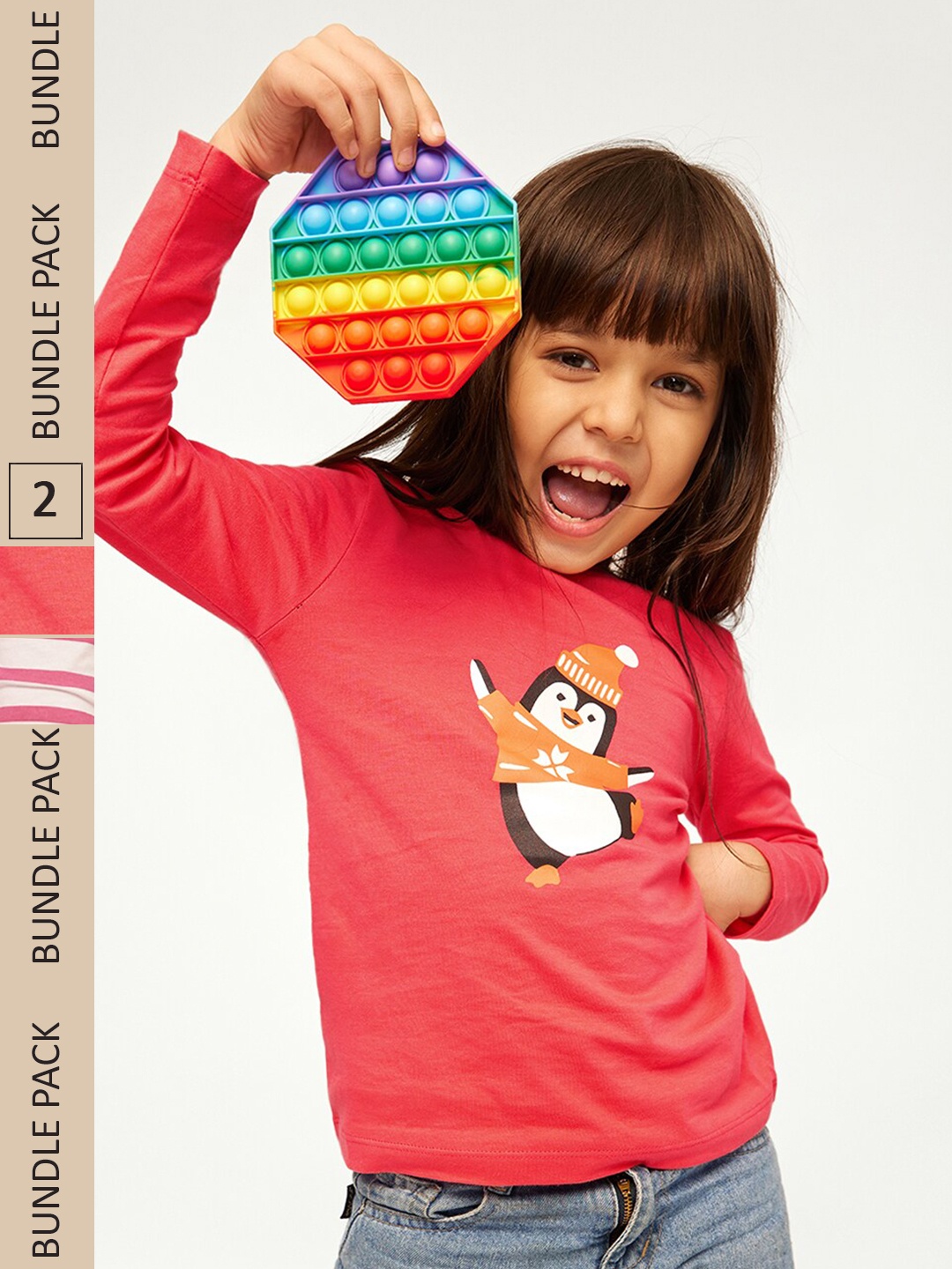 

frangipani Girls Red & Pink Cotton Striped T-shirt Pack of 3
