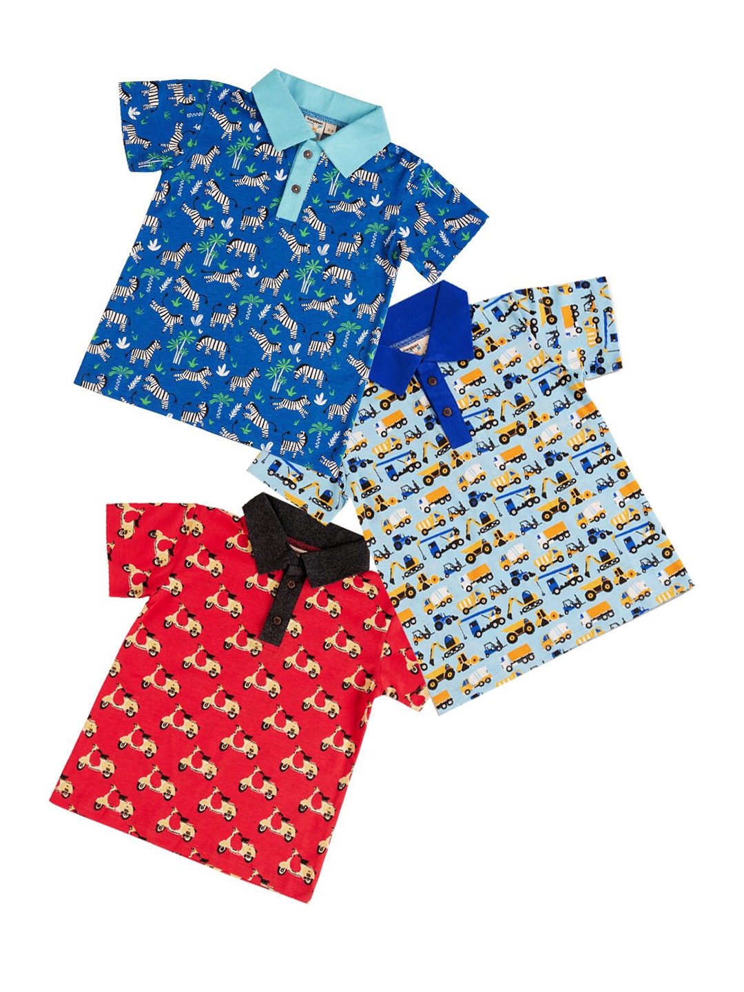

frangipani Boys Pack of 3 Cotton Printed Polo Collar T-shirt, Blue