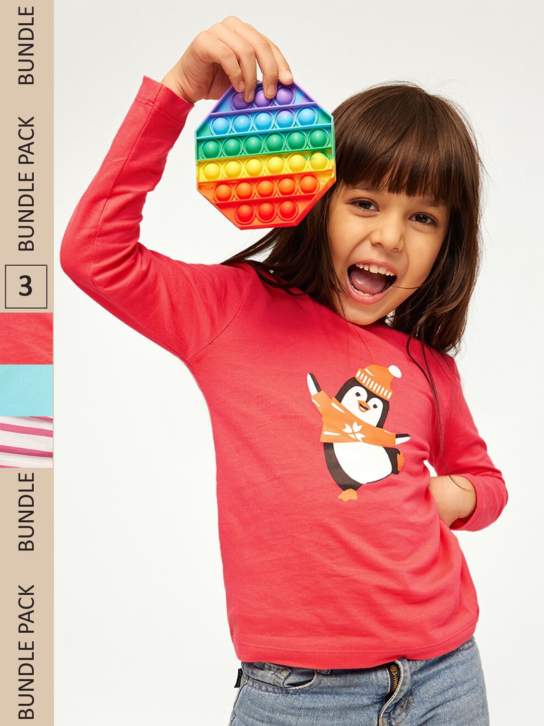 

frangipani Girls Pack of 3 Cotton Striped T-shirt, Red