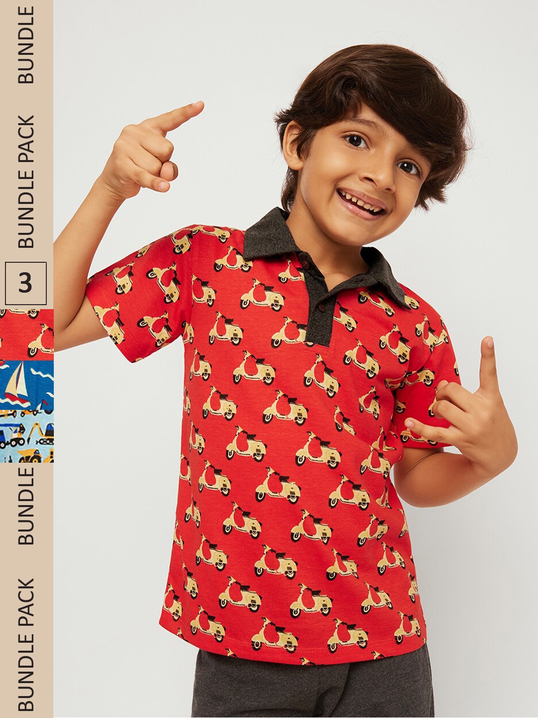 

frangipani Cotton Printed Polo Collar T-shirt Pack of 3, Red