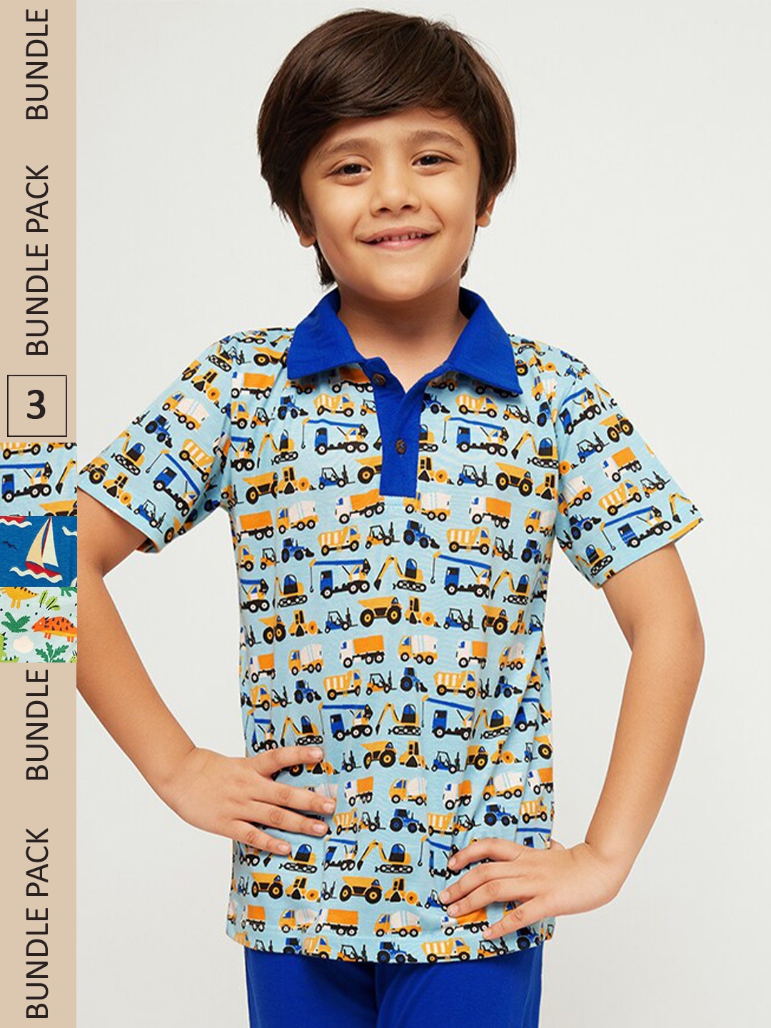 

frangipani Boys Cotton Printed Polo Collar T-shirt Pack of 3, Blue