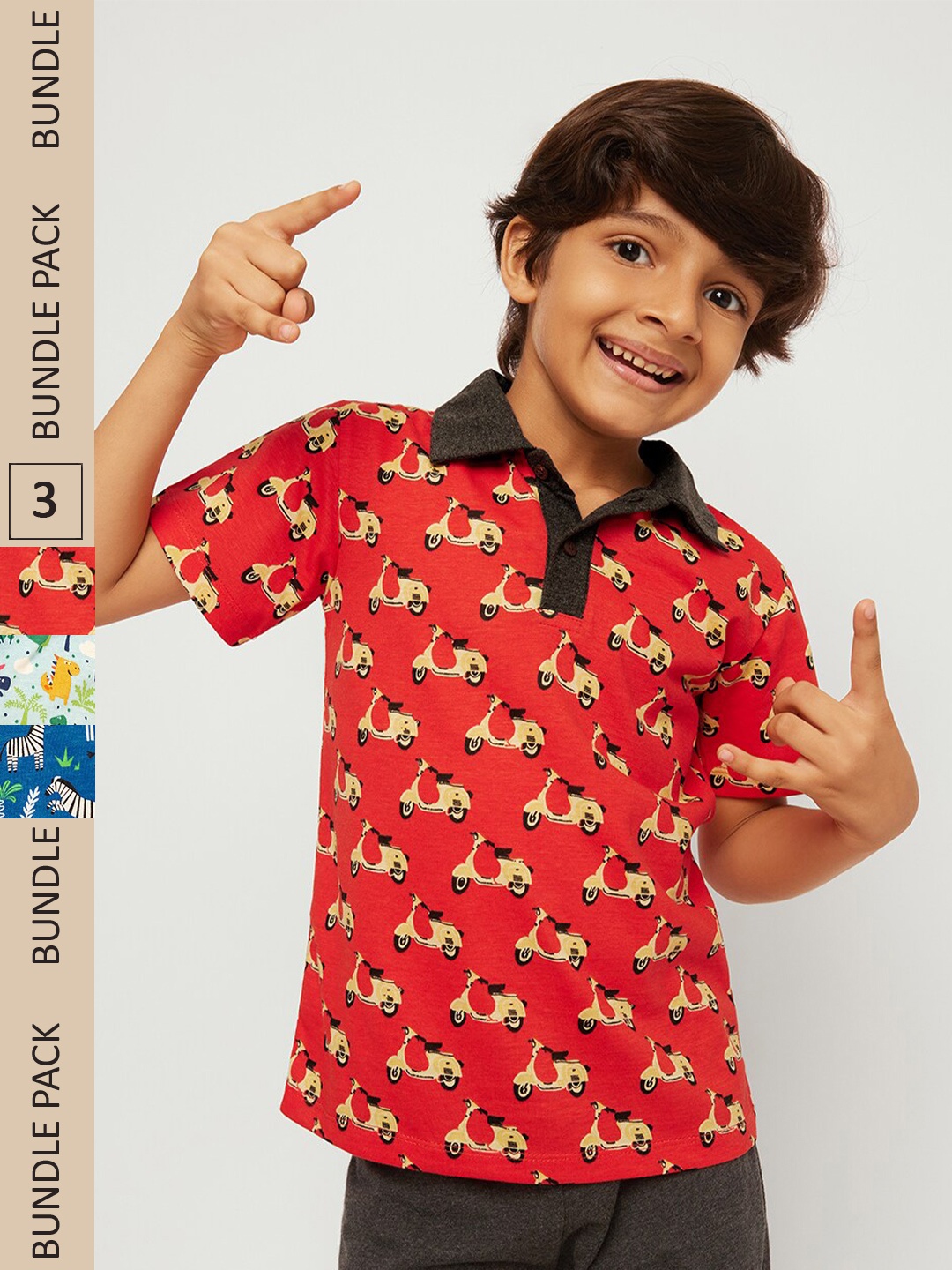 

frangipani Boys Cotton Printed Polo Collar T-shirt Pack of 3, Red