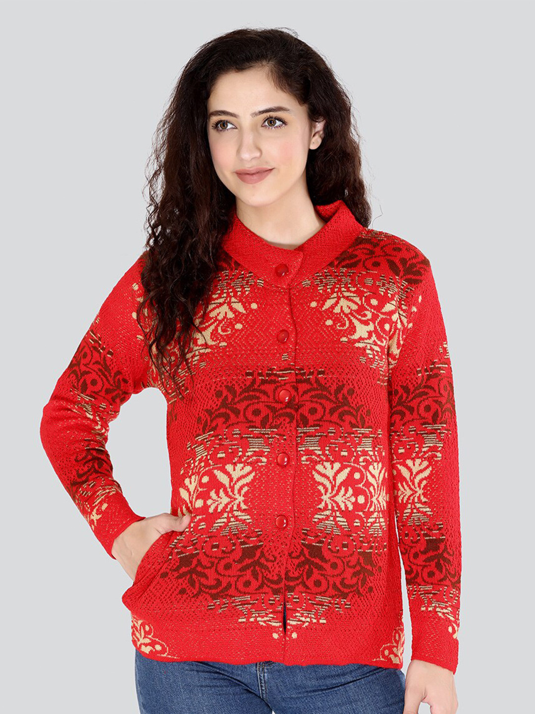 

Arshiya Women Red & Beige Floral Printed Cardigan