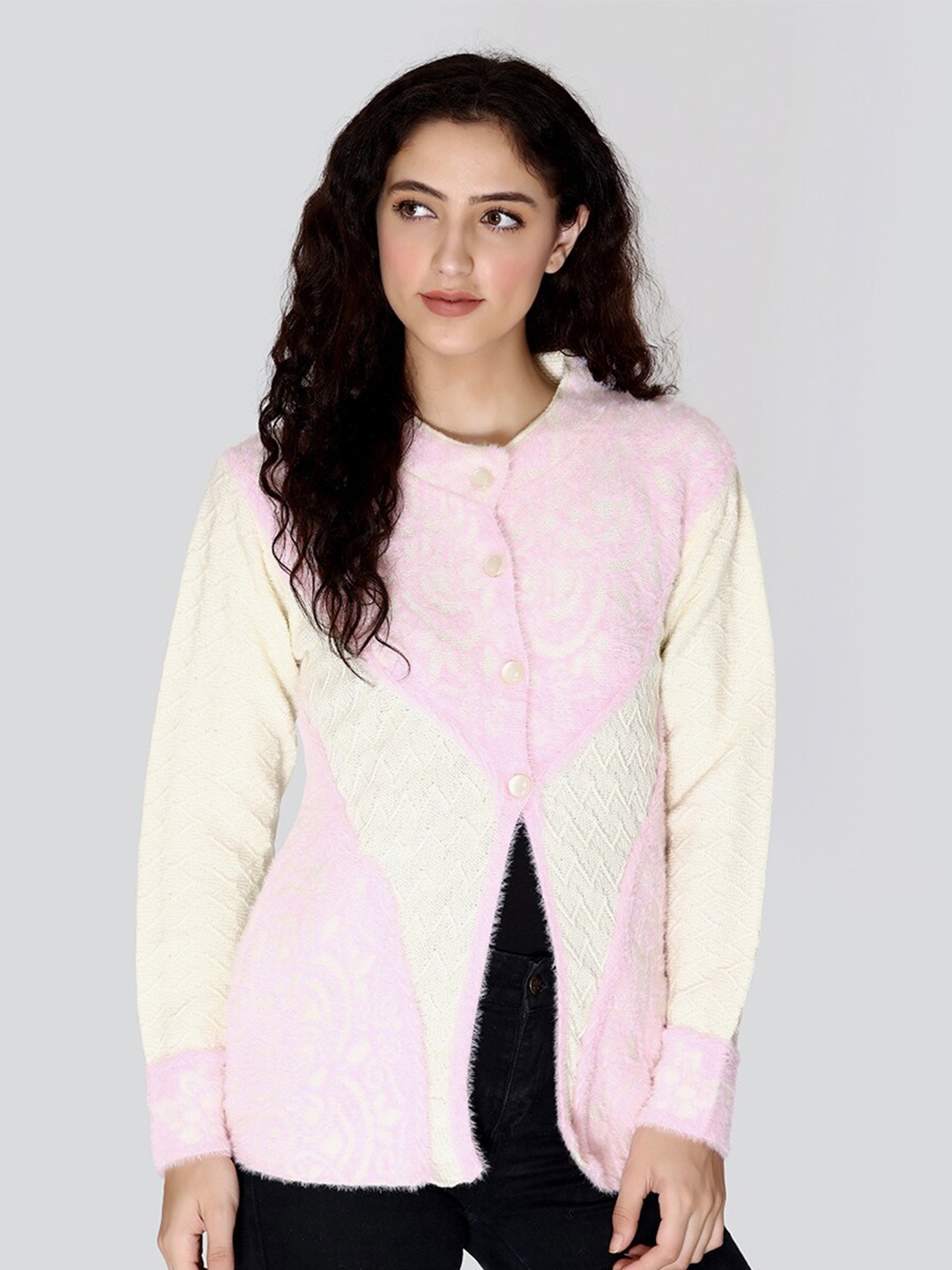 

Arshiya Women Cream-Coloured & Pink Colourblocked Colourblocked Cardigan