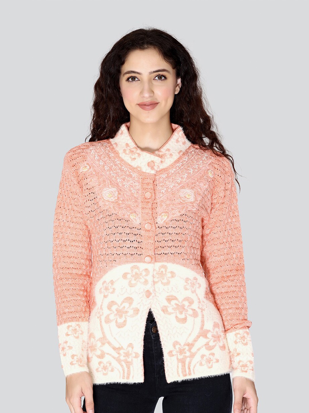 

Arshiya Women Orange & Cream-Coloured Floral Printed Cardigan