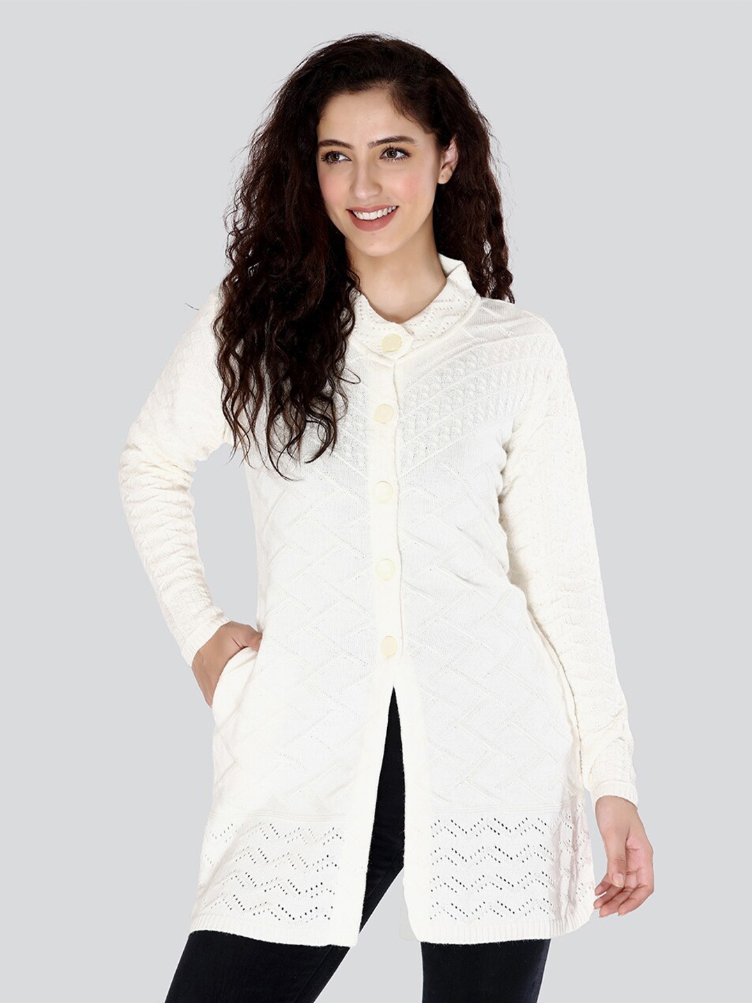 

Arshiya Women Cream-Coloured Cable Knit Longline Cardigan